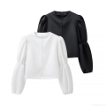 Women's Fashion Satin Blouse Solid Color Round Neck Long Bubble Sleeve Button Down Top Elegant Streetwear Blouse For Daily Dating