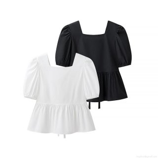 Women Fashion Square Neck Bubble Sleeve Blouse Sexy Backless Lace-up Shirt Ruffle Hem Short Sleeve Polyester Top For Women Streetwear Summer Clothing