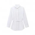 White Long Sleeve Blouse Shirt With Belt Women's Casual Lapel Button Down Street Style Poplin Top For Office Daily Wear Fashion Lady