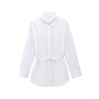 White Long Sleeve Blouse Shirt With Belt Women's Casual Lapel Button Down Street Style Poplin Top For Office Daily Wear Fashion Lady