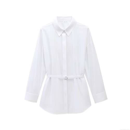 White Long Sleeve Blouse Shirt With Belt Women's Casual Lapel Button Down Street Style Poplin Top For Office Daily Wear Fashion Lady