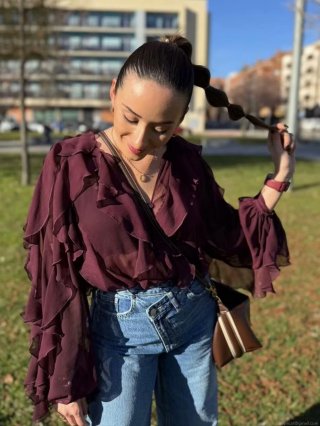 Elegant Women's Ruffle Layered Chiffon Blouse V-Neck Long Sleeve Button Down Shirt Solid Color French Vintage Style Tops for Daily Office Dating Party