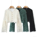 Women's Elegant Hollow Lace Blouse Short Cardigan Pearl Button Ruffle Neck Flare Sleeve Streetwear Top For Date Party Lady