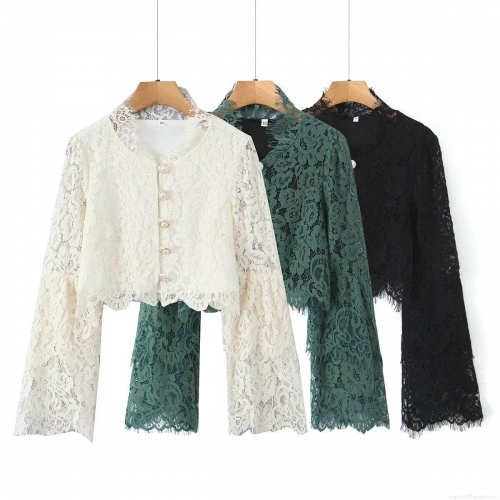 Women's Elegant Hollow Lace Blouse Short Cardigan Pearl Button Ruffle Neck Flare Sleeve Streetwear Top For Date Party Lady