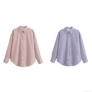 Women Striped Long Sleeve Shirt Lapel Collar Loose Fit Polyester Casual Button Down Blouse Fashion Streetwear Tops for Lady