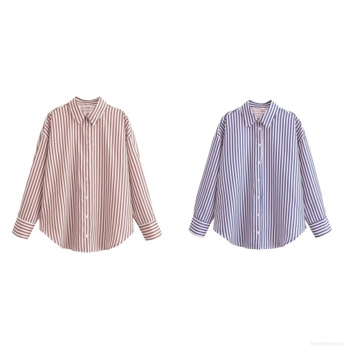 Women Striped Long Sleeve Shirt Lapel Collar Loose Fit Polyester Casual Button Down Blouse Fashion Streetwear Tops for Lady