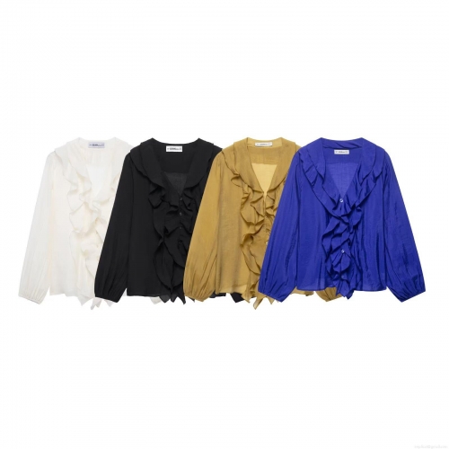 Women's V-Neck Ruffle Blouse Long Sleeve Polyester Shirt Casual Streetwear Layered Decorative Top For Women Fashion Solid Color Office Lady Clothing
