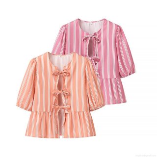 Women's Fashion Vertical Striped Blouse Bow Tie Front Round Neck Half Sleeve Peplum Hem Summer Tops Streetwear Casual Shirt