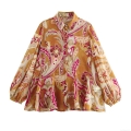 Women's Vintage Paisley Print Chiffon Blouse Long Sleeve Single Breasted Lapel Shirt Fashion Lightweight Translucent Spring Autumn Tops