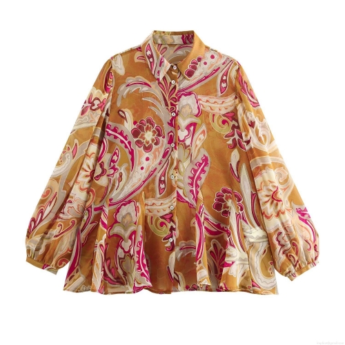 Women's Vintage Paisley Print Chiffon Blouse Long Sleeve Single Breasted Lapel Shirt Fashion Lightweight Translucent Spring Autumn Tops