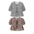 Women's Fashion Leopard Print Short Sleeve Blouse Round Neck Bow Knot Tie Up Peplum Top With Puff Sleeve Summer Casual Streetwear Polyester Shirt