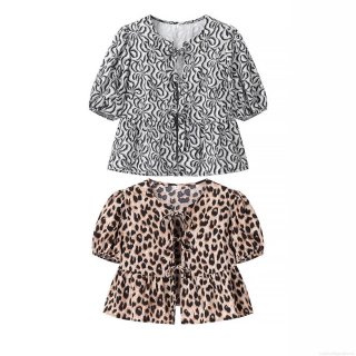 Women's Fashion Leopard Print Short Sleeve Blouse Round Neck Bow Knot Tie Up Peplum Top With Puff Sleeve Summer Casual Streetwear Polyester Shirt