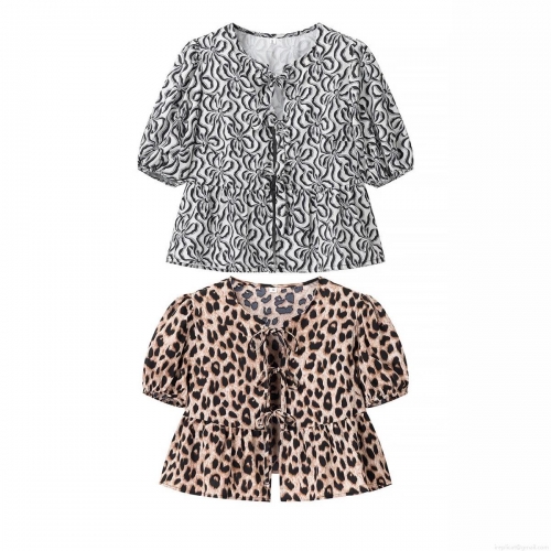 Women's Fashion Leopard Print Short Sleeve Blouse Round Neck Bow Knot Tie Up Peplum Top With Puff Sleeve Summer Casual Streetwear Polyester Shirt