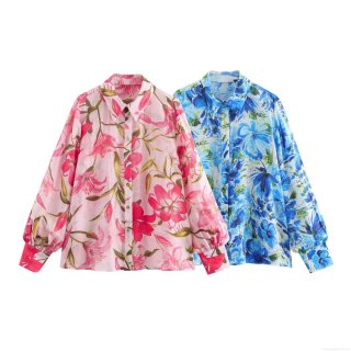 Women's Fashion Floral Print Long Sleeve Shirt European Style Lapel Button Up Blouse Casual Loose Lightweight Top For Spring Daily Wear