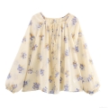 Women's Floral Print Chiffon Blouse Semi-transparent Long Sleeve Shirt Round Neck Tie-up Top Lantern Sleeve Casual European Style Spring Autumn Elegant Flower Patterned Cardigan