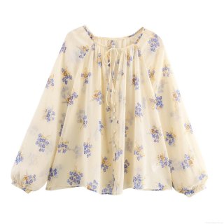 Women's Floral Print Chiffon Blouse Semi-transparent Long Sleeve Shirt Round Neck Tie-up Top Lantern Sleeve Casual European Style Spring Autumn Elegant Flower Patterned Cardigan