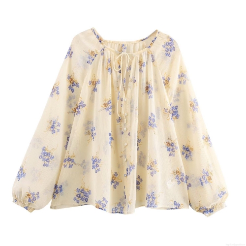 Women's Floral Print Chiffon Blouse Semi-transparent Long Sleeve Shirt Round Neck Tie-up Top Lantern Sleeve Casual European Style Spring Autumn Elegant Flower Patterned Cardigan