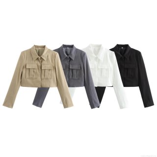 Women's Casual Polyester Long Sleeve Button Down Shirt Short Workwear Style Jacket Blouse With Double Pockets Streetwear Top For Women