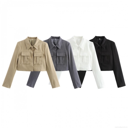 Women's Casual Polyester Long Sleeve Button Down Shirt Short Workwear Style Jacket Blouse With Double Pockets Streetwear Top For Women