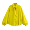 Women's Fashion Tie Neck Bow Fluid Chiffon-Like Shirt Long Lantern Sleeve Single Breasted Blouse Street Style Top For Spring Autumn