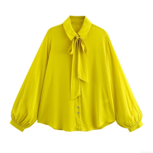 Women's Fashion Tie Neck Bow Fluid Chiffon-Like Shirt Long Lantern Sleeve Single Breasted Blouse Street Style Top For Spring Autumn