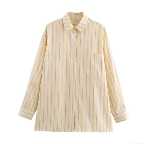 Women's Striped Long Sleeve Shirt 90% Cotton Blend Vertical Stripes Single Breasted Lapel Collar With Pocket Loose Fit Casual Daily Office Streetwear Chic Modern European Style Ladies Tops