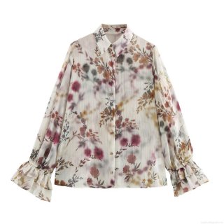 Women's Long Sleeve Floral Print Chiffon Blouse With Metallic Gold Wire Pleated Design Ruffle Cuff Button Down Shirt For Streetwear Office Spring