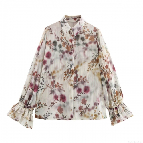 Women's Long Sleeve Floral Print Chiffon Blouse With Metallic Gold Wire Pleated Design Ruffle Cuff Button Down Shirt For Streetwear Office Spring
