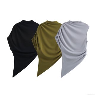 Women's Sleeveless Asymmetrical Hem Top Mock Neck Side Ruched Solid Color Polyester Summer Slim Fit Streetwear Casual Pullover Blouse