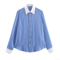 Women's Blue White Stripe Shirt Polyester Blend Contrast Collar Cuffs Long Sleeve Loose Fit Button Down Blouse Chic Modern Daily Commute Streetwear Tops
