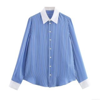 Women's Blue White Stripe Shirt Polyester Blend Contrast Collar Cuffs Long Sleeve Loose Fit Button Down Blouse Chic Modern Daily Commute Streetwear Tops
