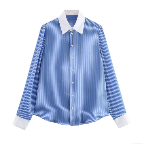 Women's Blue White Stripe Shirt Polyester Blend Contrast Collar Cuffs Long Sleeve Loose Fit Button Down Blouse Chic Modern Daily Commute Streetwear Tops