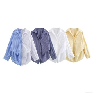 Women's Fashion Loose Striped Poplin Shirt Long Sleeve Button Down Blouses With Pocket Casual Streetwear Patchwork Tops For Women
