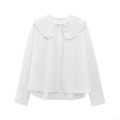 Women Elegant Embroidery Peter Pan Collar Blouse 100% Polyester Long Sleeve Button Down Shirt Retro Solid White Casual Top Office Daily Wear Fashion