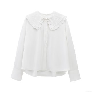 Women Elegant Embroidery Peter Pan Collar Blouse 100% Polyester Long Sleeve Button Down Shirt Retro Solid White Casual Top Office Daily Wear Fashion