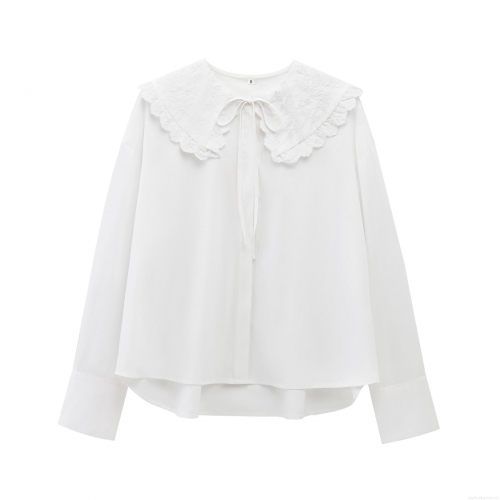 Women Elegant Embroidery Peter Pan Collar Blouse 100% Polyester Long Sleeve Button Down Shirt Retro Solid White Casual Top Office Daily Wear Fashion