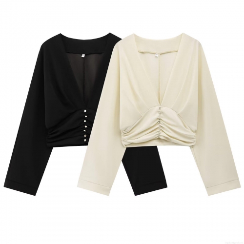 Women's Summer Fashion V-Neck Long Sleeve Pleated Short Blouse Elegant Solid Color Streetwear Top With Decorative Buttons