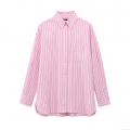 Women's Casual Striped Long Sleeve Button Down Shirt Loose Fit Lapel Blouse With Chest Pocket Pink White Stripes Fashion Top for Daily Office Work