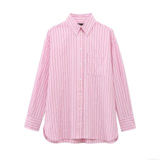 Women's Casual Striped Long Sleeve Button Down Shirt Loose Fit Lapel Blouse With Chest Pocket Pink White Stripes Fashion Top for Daily Office Work