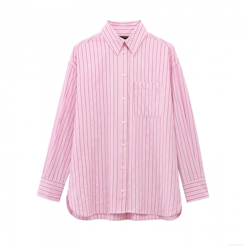 Women's Casual Striped Long Sleeve Button Down Shirt Loose Fit Lapel Blouse With Chest Pocket Pink White Stripes Fashion Top for Daily Office Work