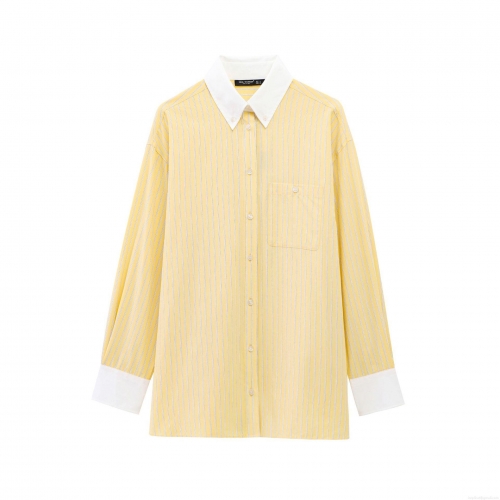Fashion Women's Striped Long Sleeve Poplin Shirt Contrast Collar Loose Fit Button Down Blouse Casual Streetwear Office Top Yellow White