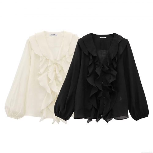 Women's French Style V-Neck Ruffle Blouse Elegant Layered Long Sleeve Chiffon Tencel Shirt Casual Streetwear Solid Color Top For Women