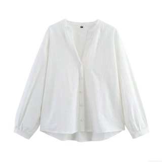 Women's Casual V Neck Blouse Cotton Blend Hollow Out Embroidery Shirt Long Sleeve Loose Button Down Top Fashion Streetwear