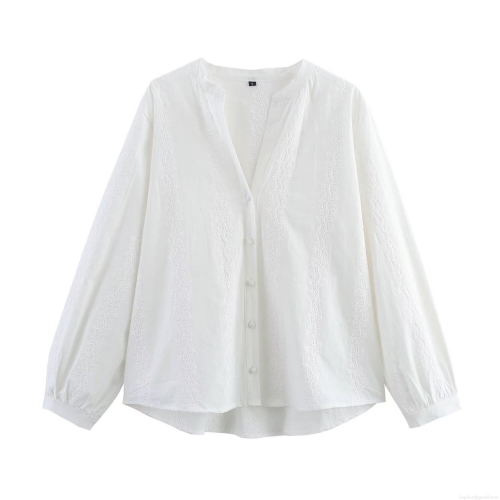 Women's Casual V Neck Blouse Cotton Blend Hollow Out Embroidery Shirt Long Sleeve Loose Button Down Top Fashion Streetwear