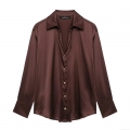 Women's Satin Silk Button Down Shirt Long Sleeve Lapel Loose Blouse Casual Streetwear Tops With Gold Buttons Coffee Brown Elegant Spring Office Wear