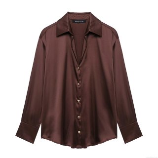 Women's Satin Silk Button Down Shirt Long Sleeve Lapel Loose Blouse Casual Streetwear Tops With Gold Buttons Coffee Brown Elegant Spring Office Wear