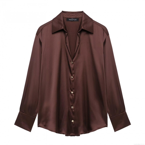 Women's Satin Silk Button Down Shirt Long Sleeve Lapel Loose Blouse Casual Streetwear Tops With Gold Buttons Coffee Brown Elegant Spring Office Wear