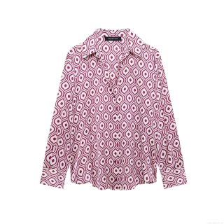 Women's Long Sleeve Button Down Shirt Geometric Print Satin Texture Blouse Turn-Down Collar Loose Casual Tops For Spring Autumn Streetwear Retro Style Burgundy White