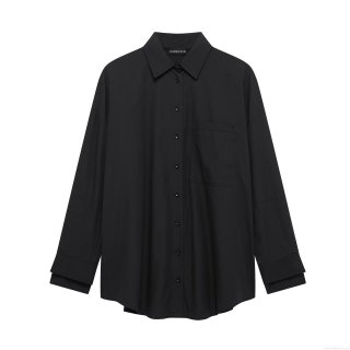 Women Fashion Loose Poplin Shirt Solid Color Lapel Long Sleeve Single Breasted Blouse With Pocket Casual Office Wear Tops