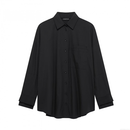 Women Fashion Loose Poplin Shirt Solid Color Lapel Long Sleeve Single Breasted Blouse With Pocket Casual Office Wear Tops